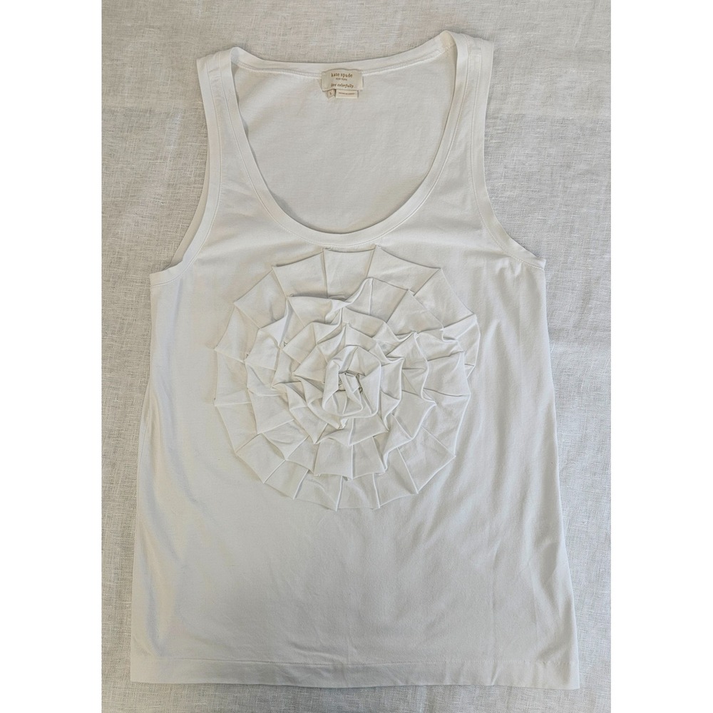 Kate Spade White Rosette Tank Top Large Cotton Textured Sleeveless Blouse